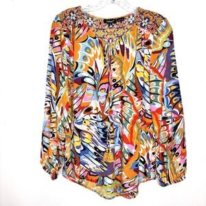 Tolani Blouse Womens Small Silk Butterfly Print Boho Peasant Artsy Tunic Top